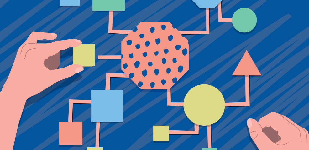 Ilustración con formas geométricas y dos manos jugando con ellas